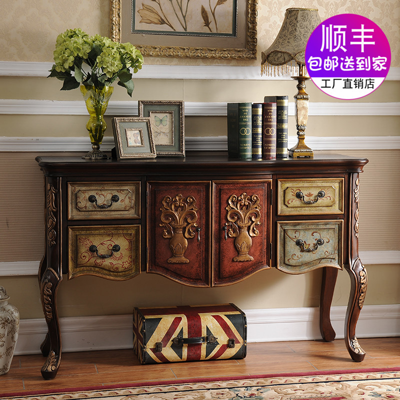 速发美式乡村彩绘复古风格实木入厅门关进门走廊玄户柜玄关台装饰