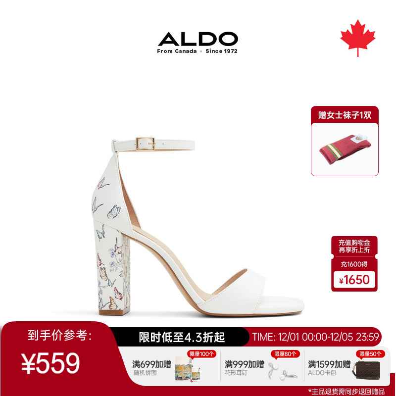 ALDO一字带方头粗高跟露趾凉鞋