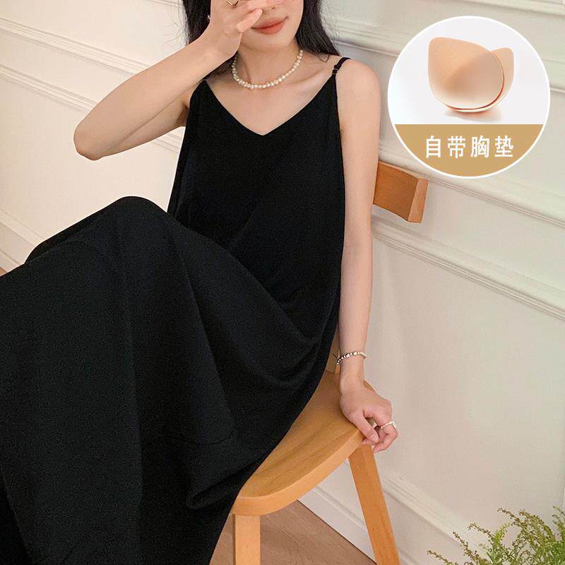 带胸垫棉绸吊带睡裙女夏季薄款显睡裙
