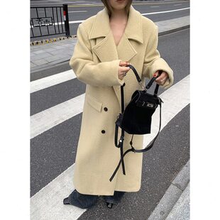洛边 毛呢大衣开衩宽松百搭外套冬 小鸡黄 80羊毛双排扣中长款