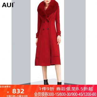双排扣中长款 大红色可拆卸毛领毛呢外套女冬2022新款 过膝呢子大衣