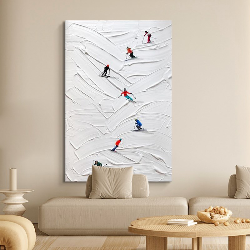 速发奶油风纯手绘油画玄关滑雪装饰画客厅抽象人物肌理画白色丙烯图片