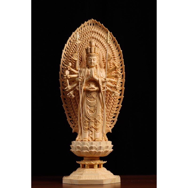 速发桧萨雕家居中式摆件神像千手观音菩木观像音佛世送礼品实木工