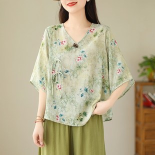 速发复古夏风苎麻印花上衣国带款 宽松V领斜襟系薄套头棉麻中袖