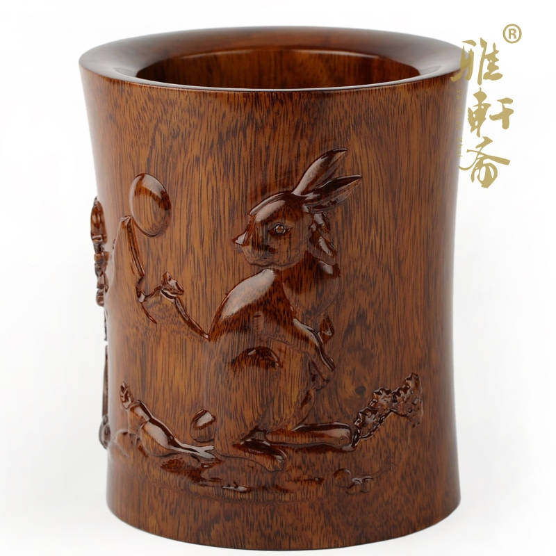速发红木工艺品文房礼宝摆件浮雕木 十二生肖刻雕兔笔筒 新款商务
