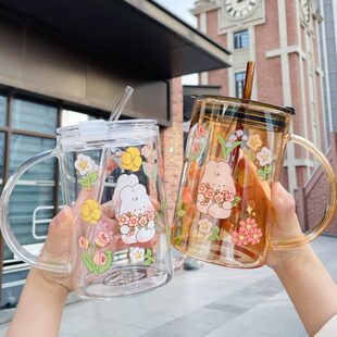 大容量家用0m网红玻璃杯办公室泡茶杯10兔带盖子l0兔吸管水杯可爱