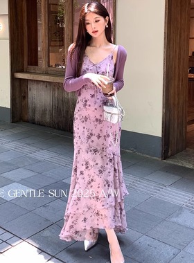 秀熙熙2025秋款法式浪漫纯欲吊带连衣裙度假风碎花鱼尾长裙88436