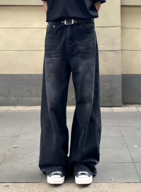 TEN EMPTY水洗黑阔腿牛仔裤宽松日系休闲百搭男女直筒设计感长裤