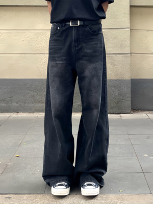 TENEMPTY黑色水洗阔腿牛仔裤