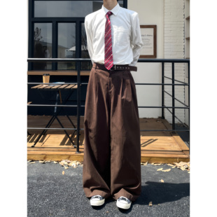复古双褶阔腿休闲男女cleanfit长裤 TEN EMPTY秋冬设计感皮带长裤