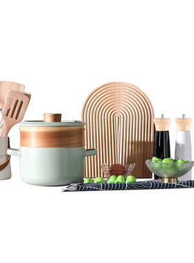 竹木厨具套装木砧板北欧绿色砂锅收纳桶样板房间厨房软装饰品摆件