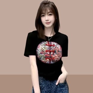 速发20衫5t季新中式国风小2黑色夏恤圆领复古重工刺绣上衣