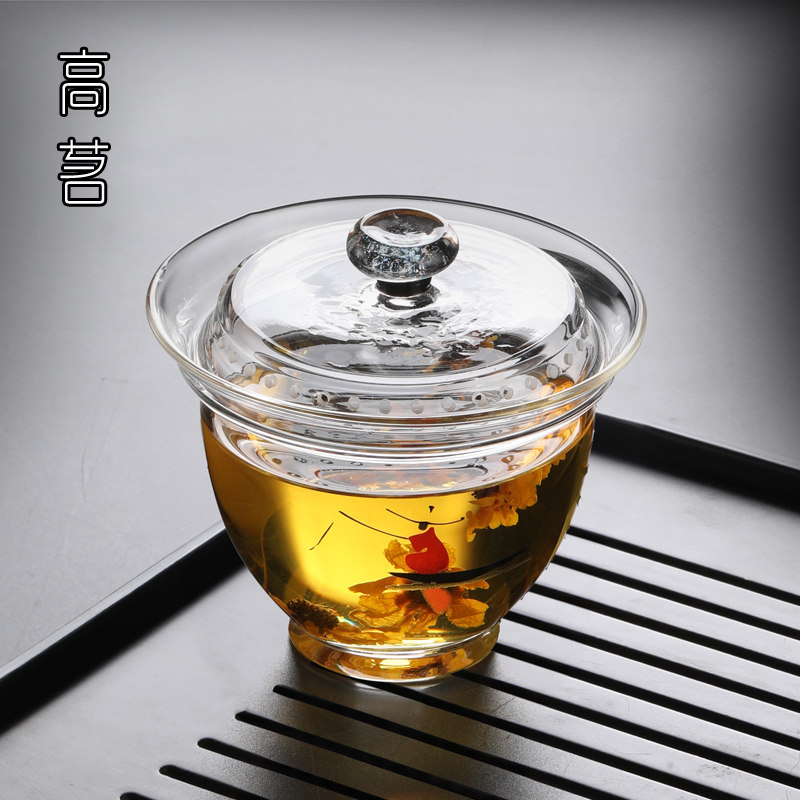 速发透明玻璃盖碗泡茶杯单个高端功夫茶碗防烫二才手绘高脚斗笠手
