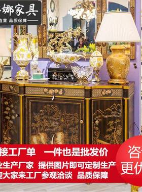 法式奢华中国风玄关欧美式复古手绘棕色风景绘画实木玄关柜