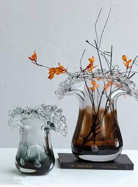 怡露创意轻奢波浪花边厚重琉璃花瓶插花摆件手工软装新品工艺