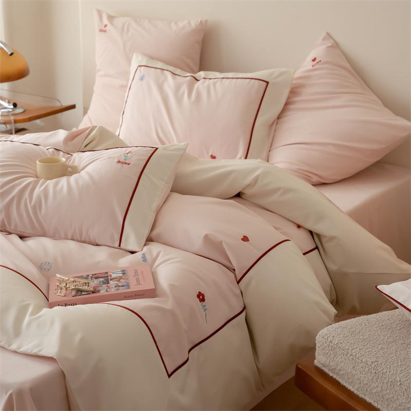 秋冬卡通小清新全棉加厚磨毛床单四件套纯棉被套刺绣裸睡床上用品