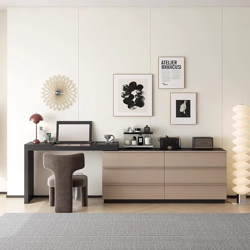 实木梳妆台斗柜一体卧室床尾现代简约翻盖可伸缩化妆桌黑白拼色