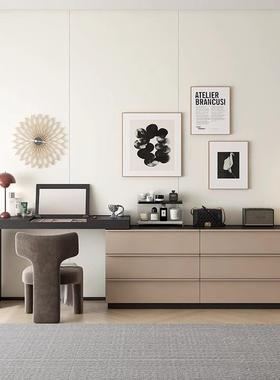 实木梳妆台斗柜一体卧室床尾现代简约翻盖可伸缩化妆桌黑白拼色