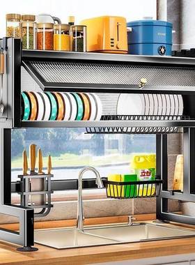 厨房水槽置物架家用碗碟水池碗柜多功能防尘带柜门碗盘收纳沥水架