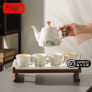 高档陶瓷茶具家用水杯茶杯茶壶国潮风水墨骨瓷八件套轻奢锦盒套装