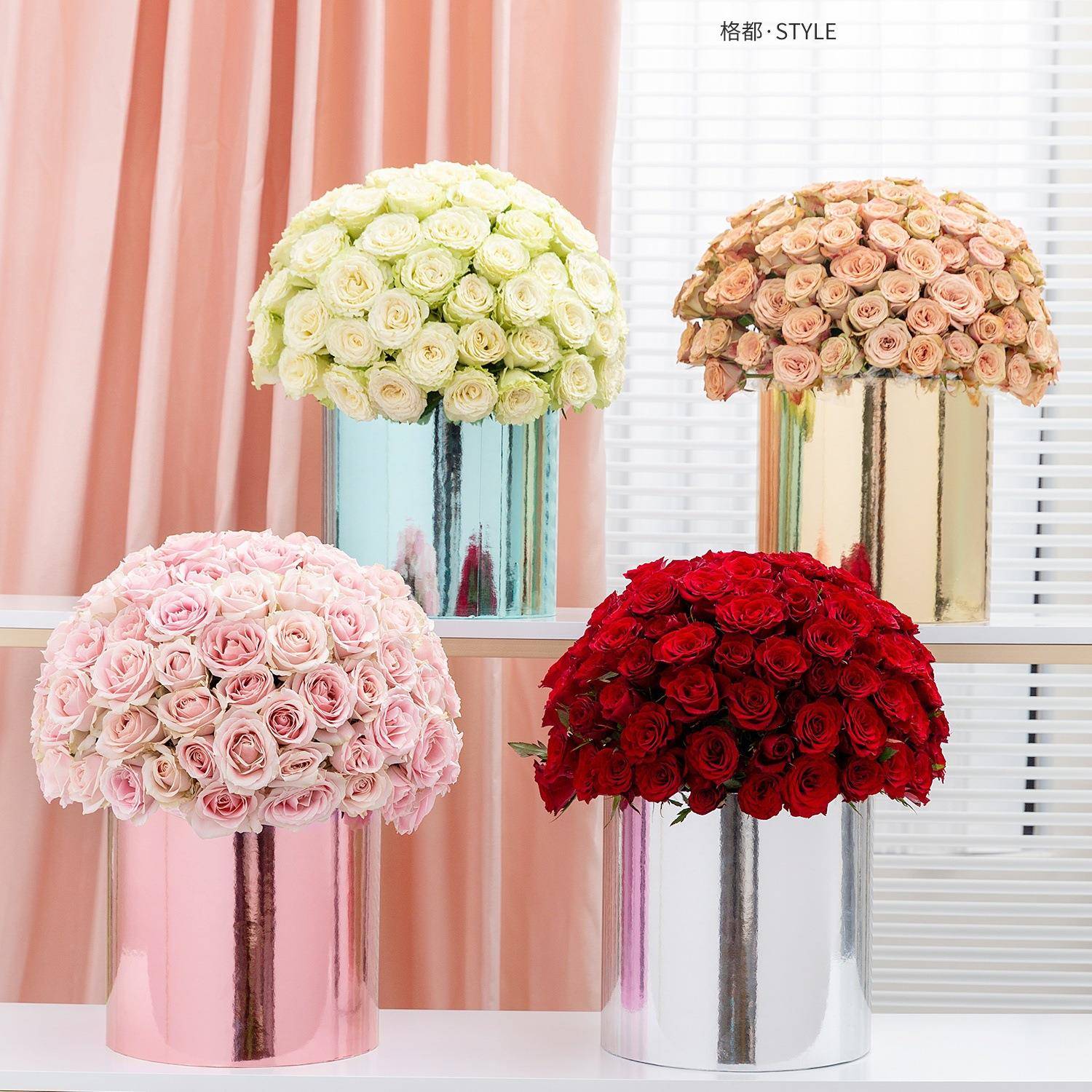 镜面亮银套三抱抱桶银色鲜花圆形花盒七夕情人节玫瑰花束包装盒