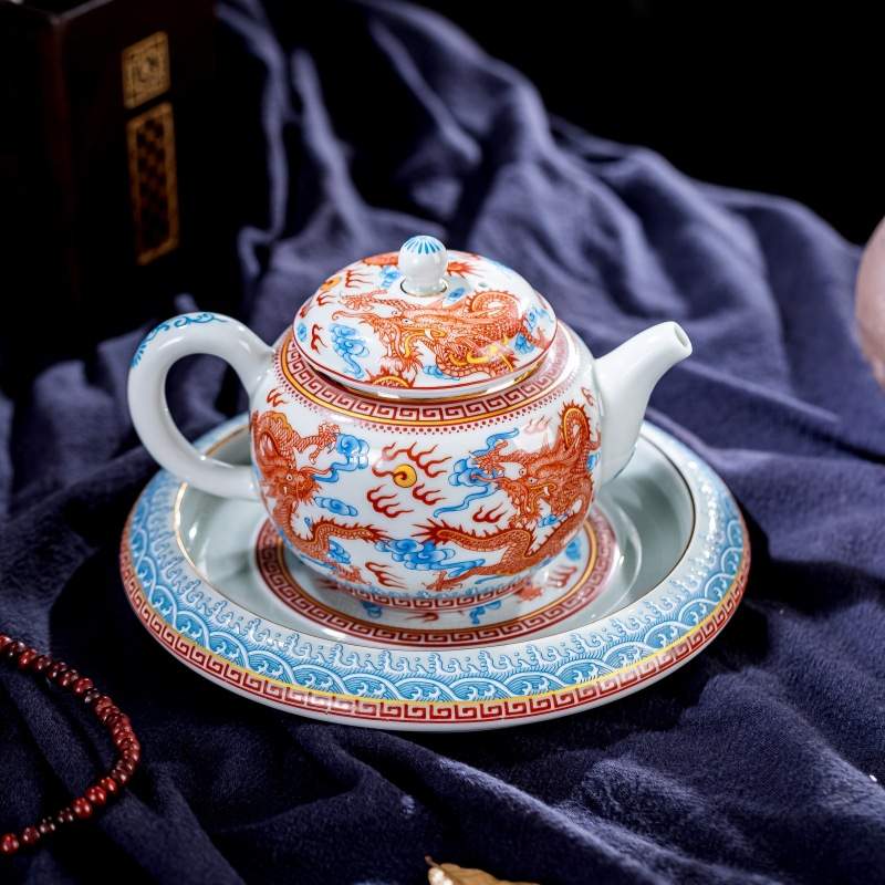 景德镇七丞堂仿古泥矾红龙纹大壶承海浪陶瓷茶托盖置茶道配件壶垫