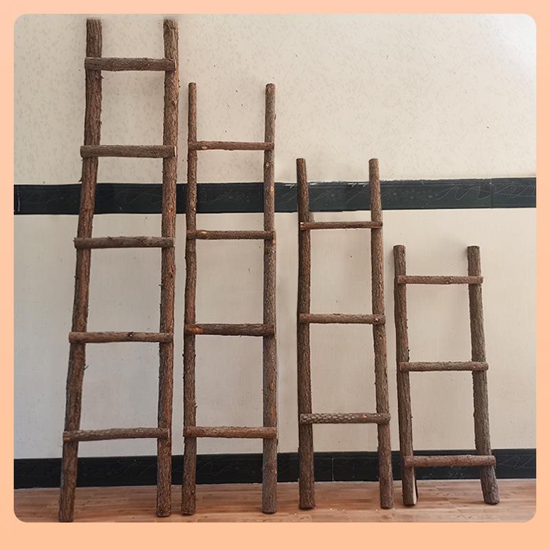 ۶带皮实木梯子装饰原木楼梯绳梯复古直梯摆件木质软梯森系摄影道