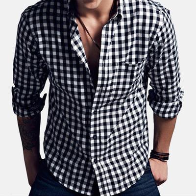 Men's flannel plaid shirt Casual Long Sleeve Shirts 男士