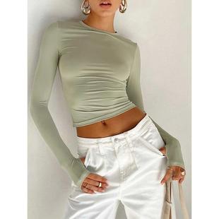 Slim shirt Crew Neck Sleeve Long Fit Fashion Solid Women