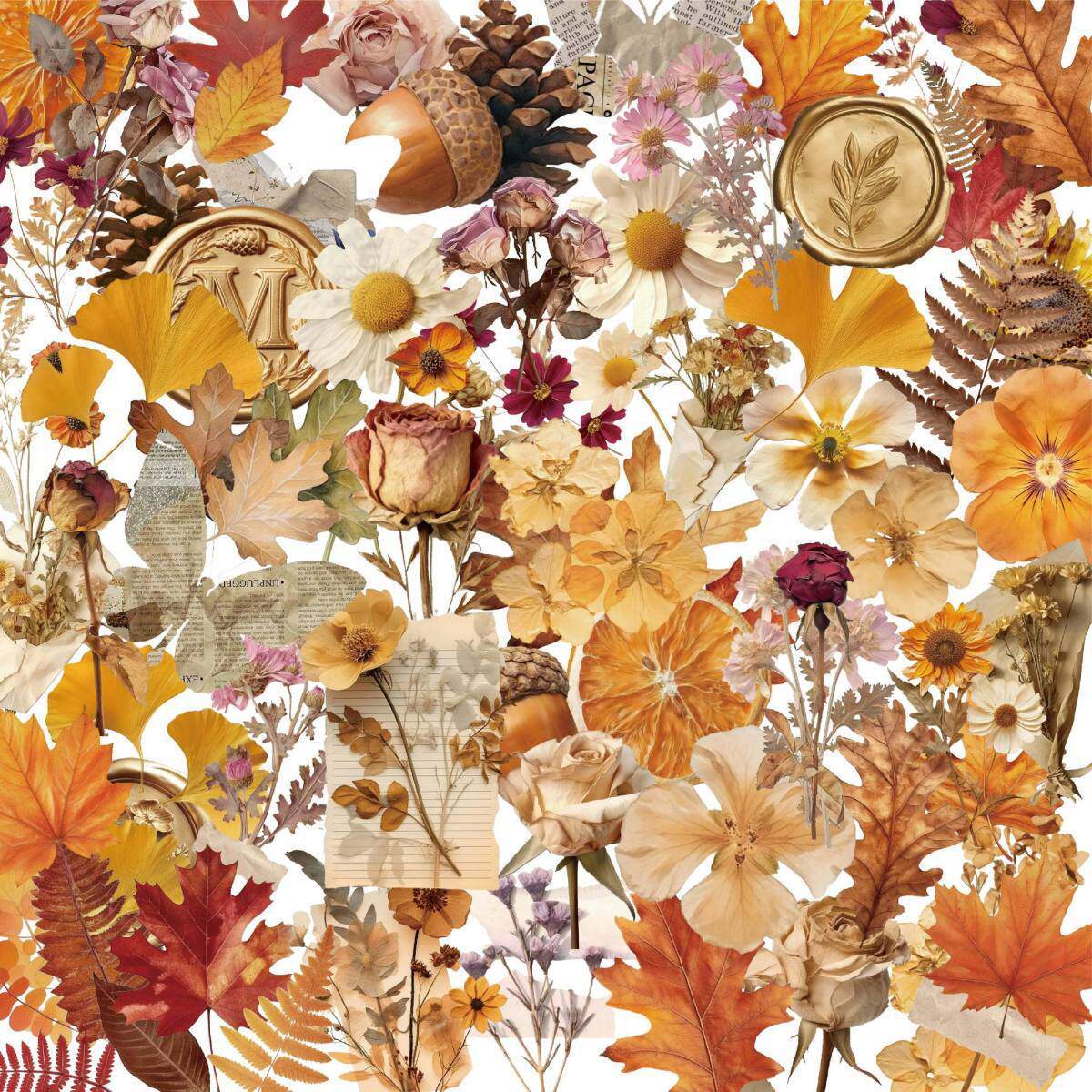 110张花朵树叶贴纸文艺复古干花仿真植物花卉PET透明防水diy