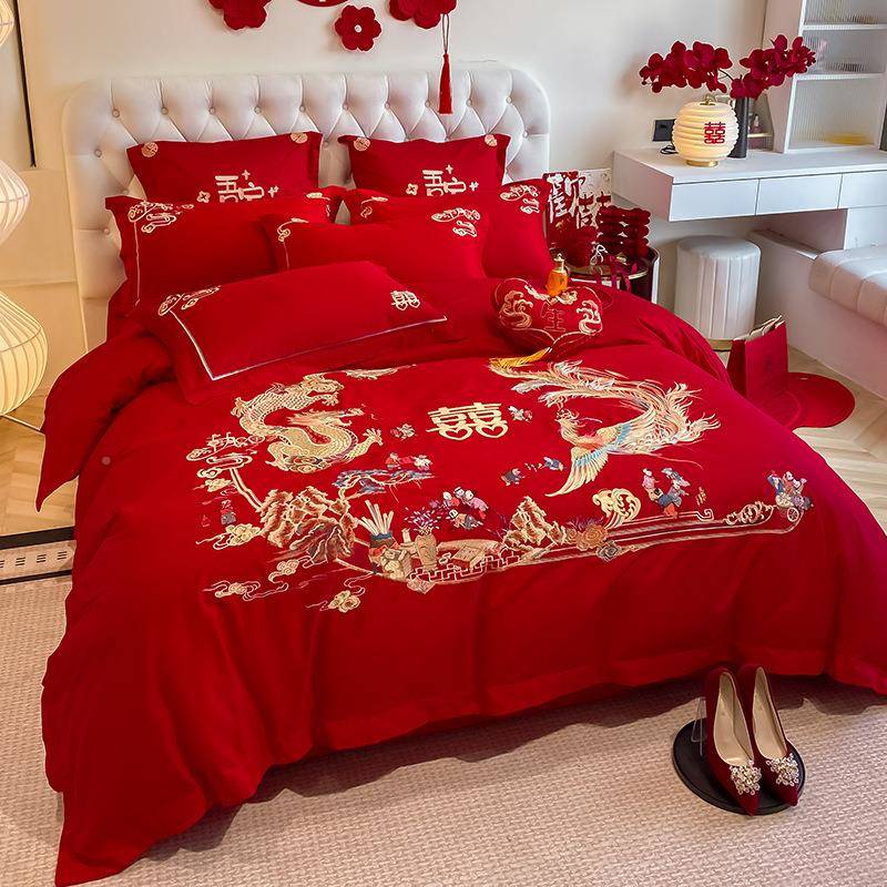中式16用喜0S长绒棉婚庆四套新婚被龙凤刺绣全棉床件单被套LNC床