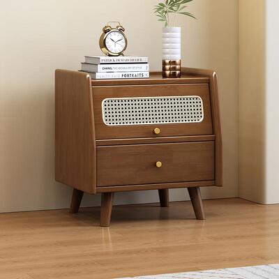 20古25复藤编床头柜中古风卧室简约现代3125#45胡纳桃木色黑床边