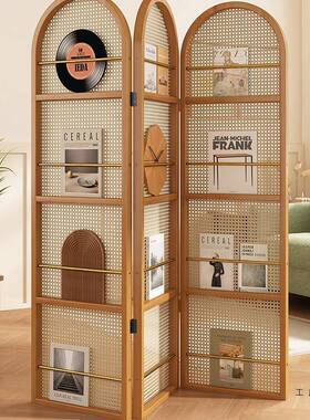 新栅中折式屏风隔断客厅藤编CUN叠格底座办公餐饮简易室遮挡帘中