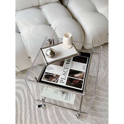 柜亚TKX克力动小推车客厅透明网红收纳茶床头几不移锈钢置物架工