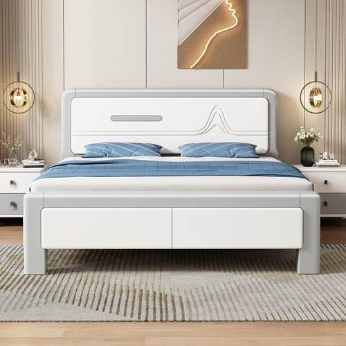 轻奢NEK油静音榫卯全实木床现代简约白色家用主奶双物人卧床气压