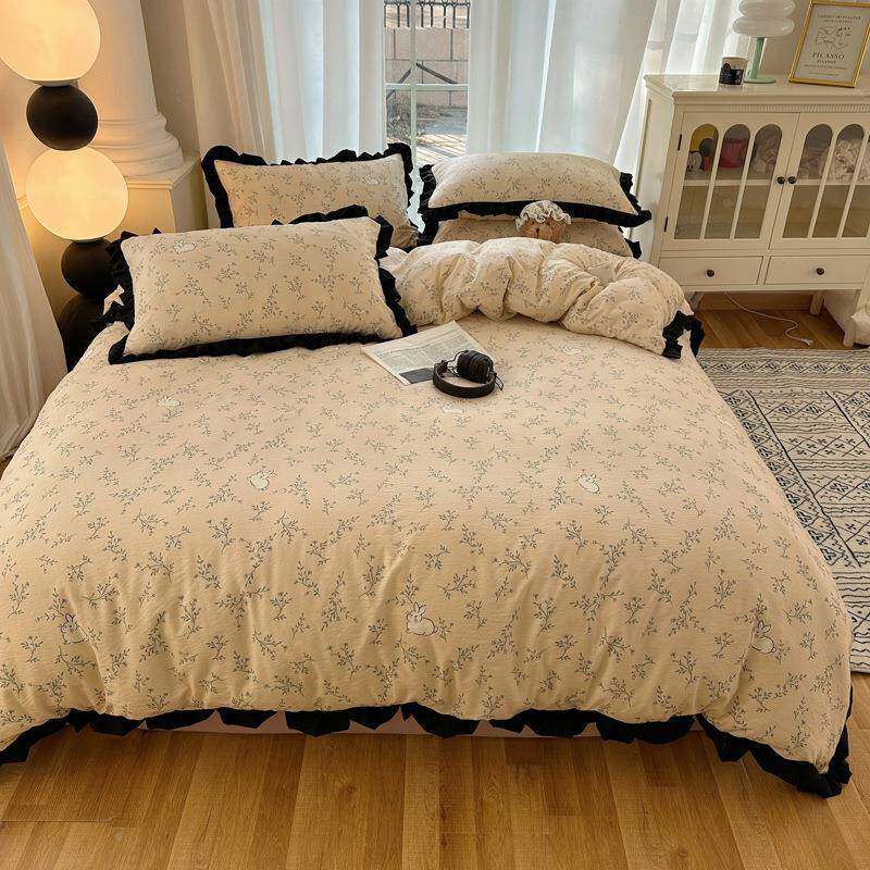 2025新款韩水洗针织棉版四件套边床单无品牌/床笠款三公主风花双