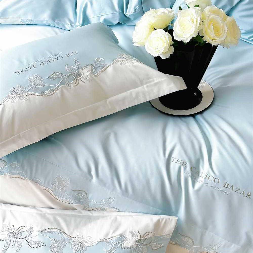 轻奢被淡雅百合花卉刺绣长PAY绒棉四件纯棉床单套裸睡套床上用品