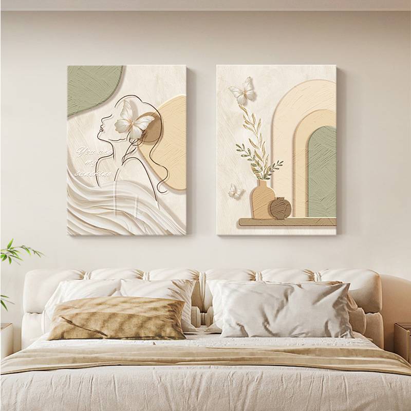 奶油风卧室装饰画线条美女抽象艺术人物房间墙面壁画主卧床头挂画图片