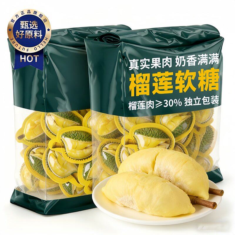 正宗泰国式3D榴莲糖软糖特浓旗舰店奶糖网红糖果婚庆喜糖休闲零食