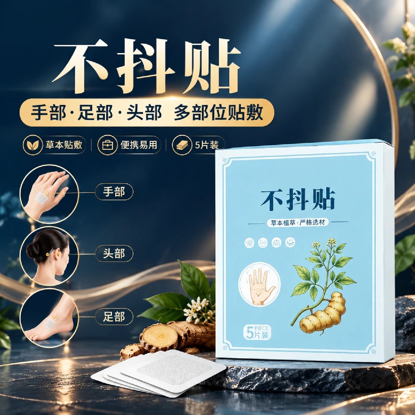不抖保健贴草本植萃亲肤透气无纺布手足头部多部位外用贴共康