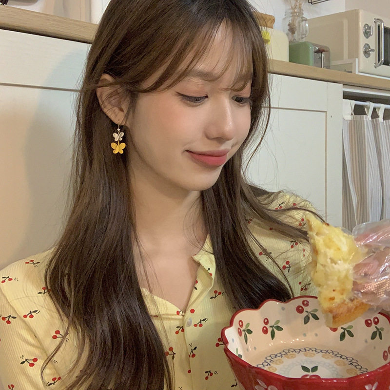 日韩早春蝴蝶结耳环百搭耳钩黄色耳钉女拼色耳饰简约森系可爱甜美
