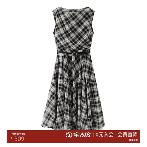 夏款黑白格中长款连衣裙