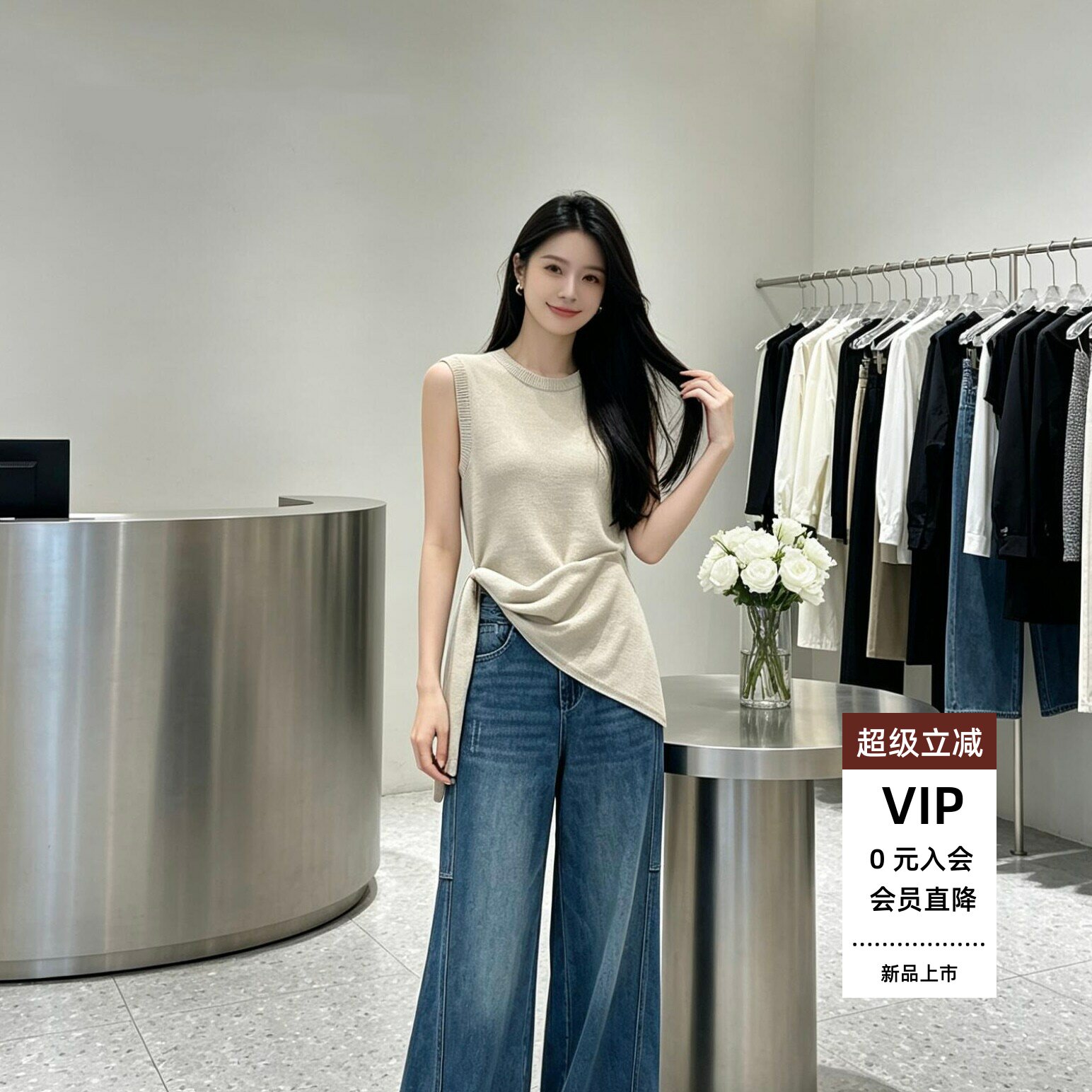 简约不对称无袖圆领套头针织衫女图片