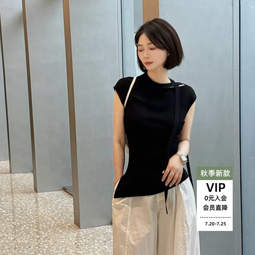 夏季黑色绑带显瘦不对称背心
