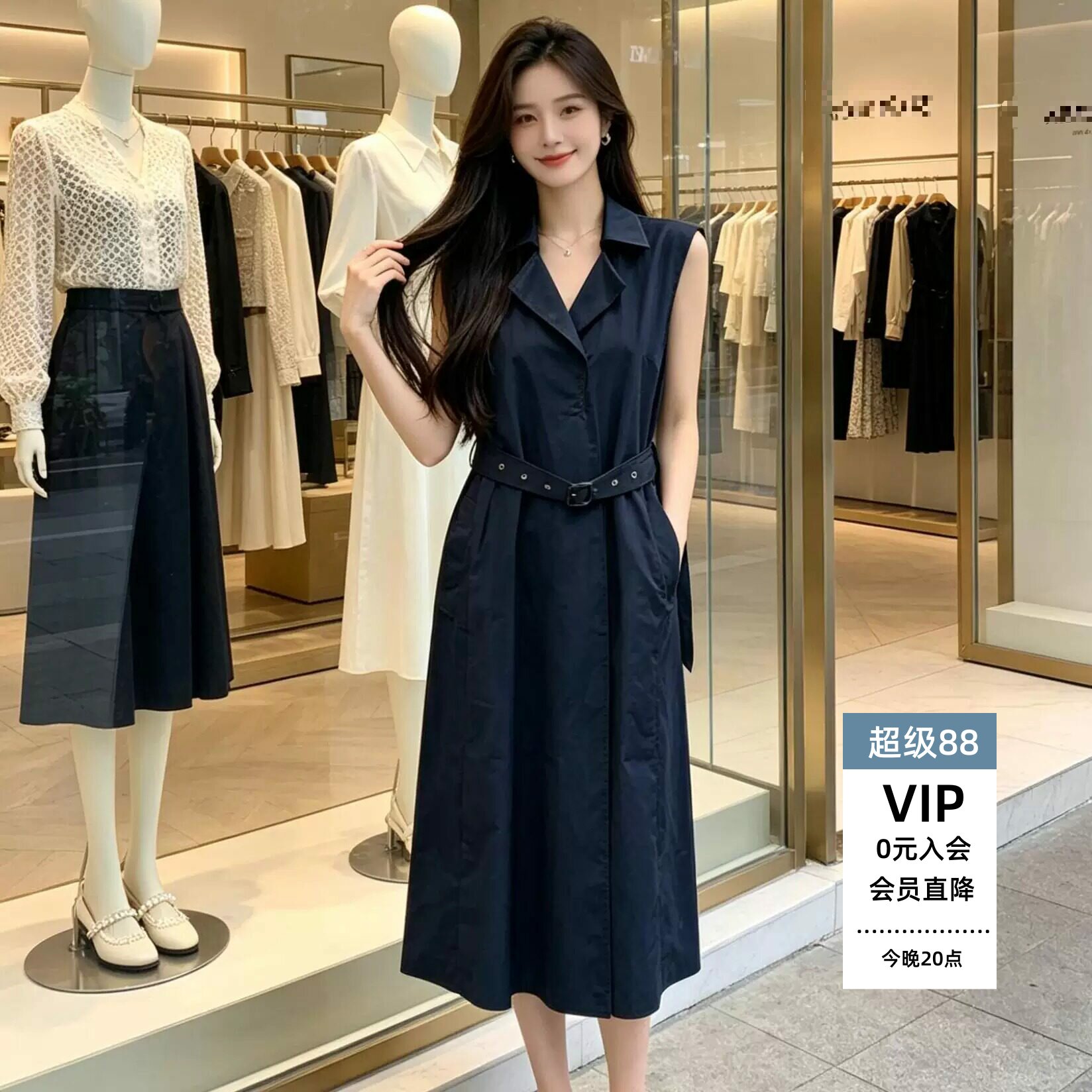 轻熟简约无袖翻领女中长风衣