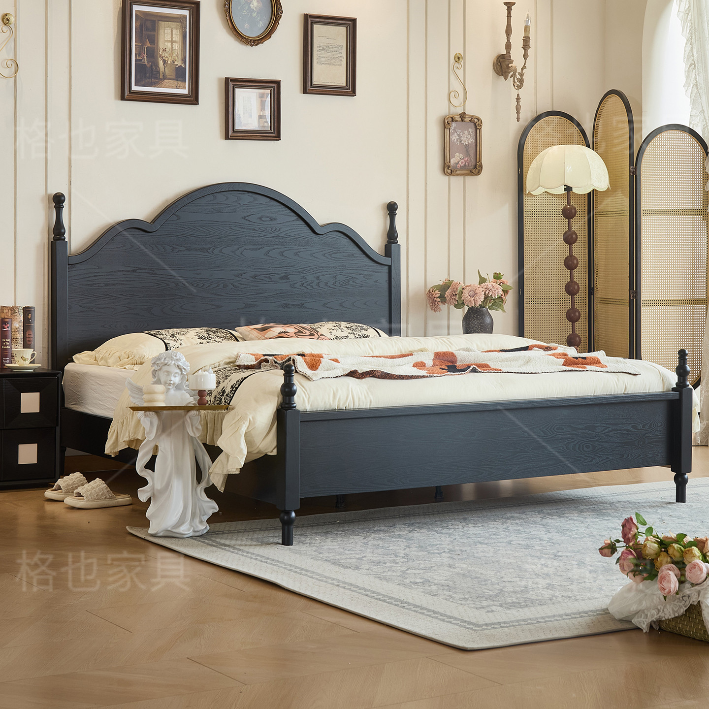 法式复古实木床美式高端大板床卧室中古风双人床家用黑色1米8大床,住宅家具,实木床,淘宝优惠券,粉丝福利购,淘宝优惠卷