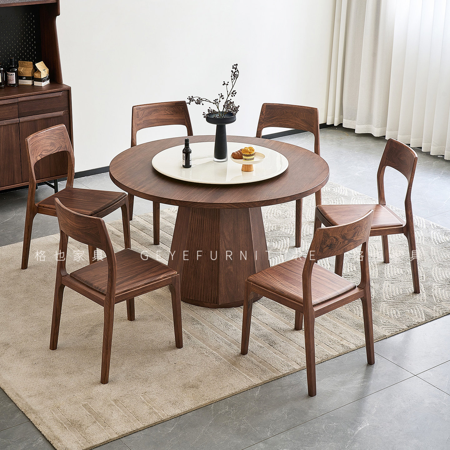 黑胡桃木圆桌全实木圆形餐桌带转盘岩板饭桌椅新中式家用吃饭桌子