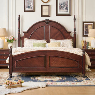 美式乡村1米8双人全实木床家用主卧室胡桃木大床复古高端别墅婚床