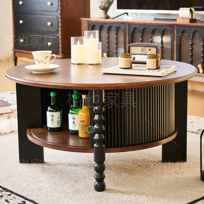 法式复古全实木圆形茶几中古风家用客厅小户型红橡木收纳储物茶台