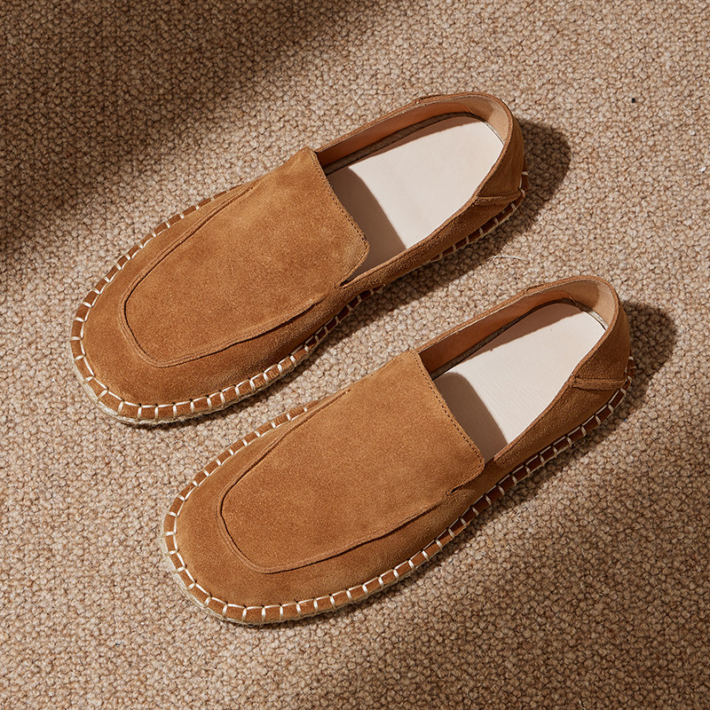 新款渔夫鞋男款英伦风夏季牛皮复古黄麻草透气休闲一脚蹬乐福鞋